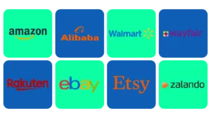 Tiles contain the logos for Amazon, Alibaba, Walmart, Wayfair, Rakuten, eBay, Etsy and Zalando.
