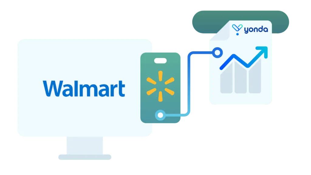 A computer holding the Walmart logo connects to a graph illustration with the Yonda Tax logo.