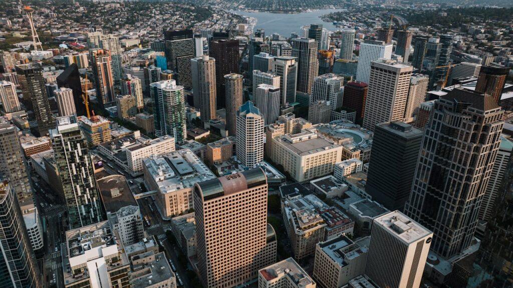 A drone shot of Seattle's finance district in Washington state.
