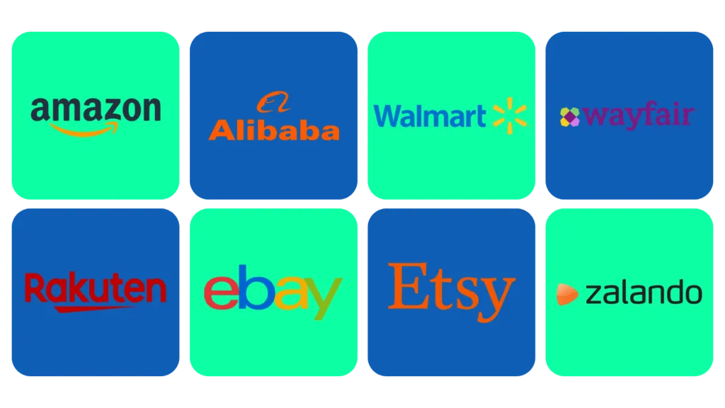 Tiles contain the logos for Amazon, Alibaba, Walmart, Wayfair, Rakuten, eBay, Etsy and Zalando.
